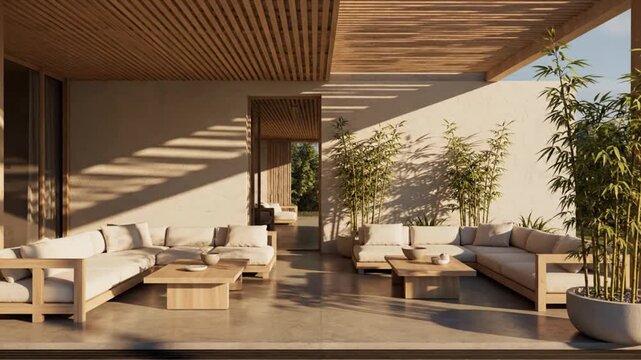 Modern outdoor living space with white couches and wooden furniture on a patio with potted plants and a slanted roof in warm sunlight.