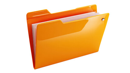 Orange file folder holding documents, organizing data, business archive management with transparent background