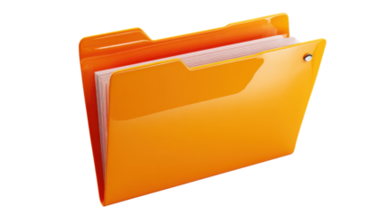 Orange file folder holding documents, organizing data, business archive management with transparent background