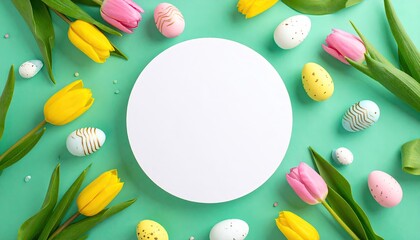 Easter themed floral arrangement with colorful tulips, eggs, and a central white circle