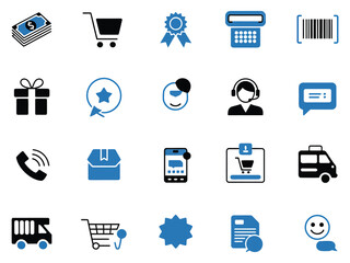 Set of shopping-related icons in black and blue, featuring money, carts, and customer service symbols.