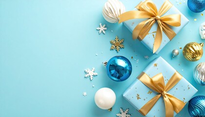 Overhead composition of presents, ornaments, and snowflakes on a bright blue background