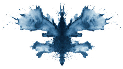 Blue watercolor inkblot on a transparent background, creating a symmetrical abstract design, suggesting a rorschach test for psychology