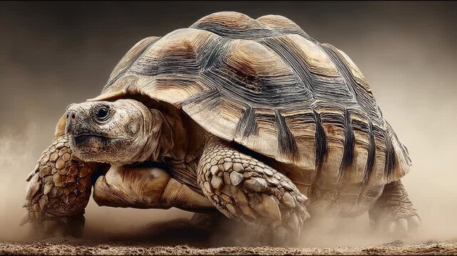 A majestic tortoise slowly traverses a dusty landscape, its textured shell glistening in the soft light. Dust particles dance around it, creating a mystical atmosphere.