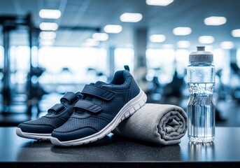 Fitness essentials: Sport shoes, water bottle, and a towel ready for gym workout.