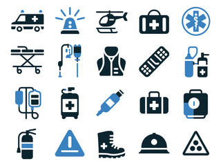 A collection of medical and emergency service icons in blue and black tones.