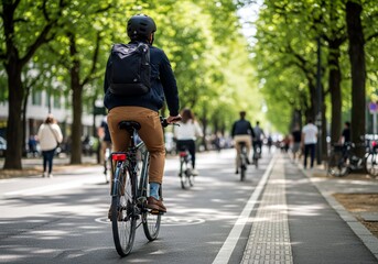 Obraz premium Man wearing helmet and backpack cycling a bike on a green urban street