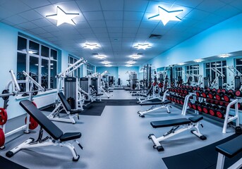 Fototapeta premium Modern Empty Gym Interior with Fitness Equipment and Star Ceiling Lights for Workout