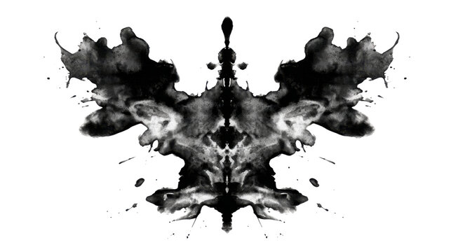 Rorschach inkblot test pattern for psychological evaluation, abstract symmetrical black ink blob on transparent background