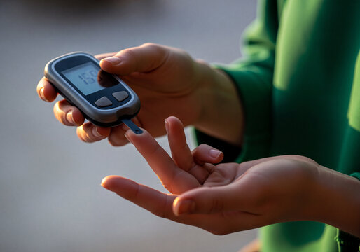 Hands performing a blood sugar test with a glucose meter for health monitoring. - Powered by Adobe