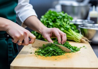 Chef Hands Chopping Fresh Green Cilantro Herbs on Wooden Cutting Board in Professional Kitchen
