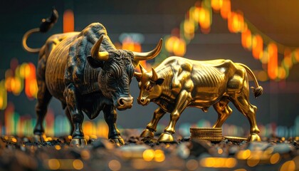 Two statuesque bulls face off with a blurred background of financial graphs