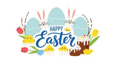 Fototapeta premium Happy Easter greeting card illustration with cute bunnies, chicks, decorated eggs, traditional holiday cake, and spring flowers on white.