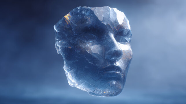 Crystal face ice sculpture abstract portrait surreal art floating mask blue light frosty texture translucent cold mood dramatic lighting breathe mystery calm, ethereal scene, inviting quiet