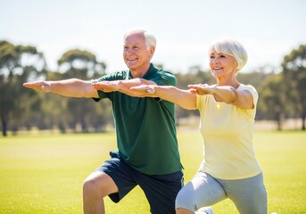 Smiling Senior Couple Enjoying Outdoor Exercise Together in Sunny Park