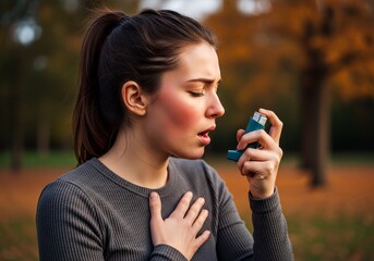 Young woman experiencing shortness of breath using an asthma inhaler outdoors