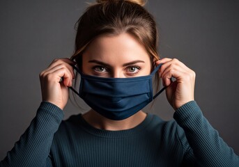 Young Woman Adjusting Protective Face Mask with Focused Gaze for Health and Safety