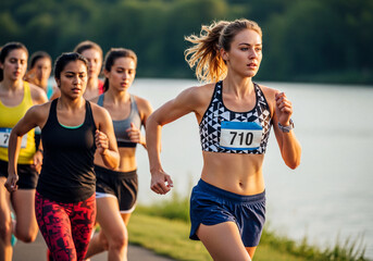 Group of determined women running in an outdoor race along a scenic waterside path