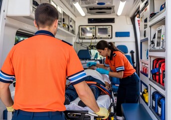 Emergency Medical Technicians Provide Urgent Care to Patient Inside Ambulance