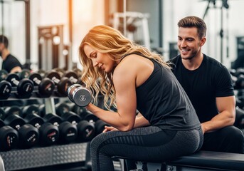 Athletic Woman Lifting Dumbbell Weight in Modern Gym While Man Watches Smiling