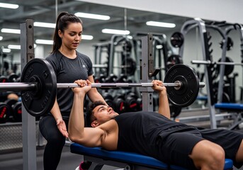 Personal trainer spotting man bench pressing barbell for strength training in modern gym