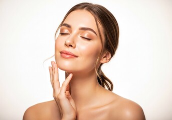 Naklejka premium Beautiful Woman with Perfect Glowing Skin and Eyes Closed Gently Touching Chin in Studio