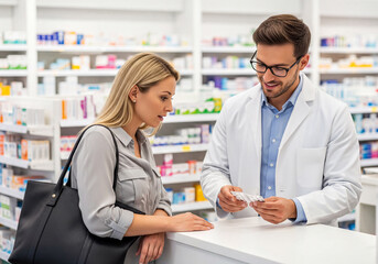 Friendly male pharmacist assisting a female customer with medication at a pharmacy counter.