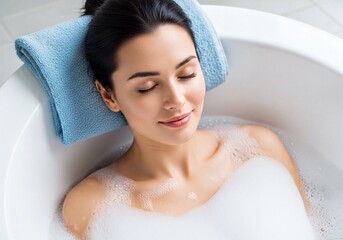 Serene young woman with closed eyes enjoying a relaxing bubble bath in a white tub