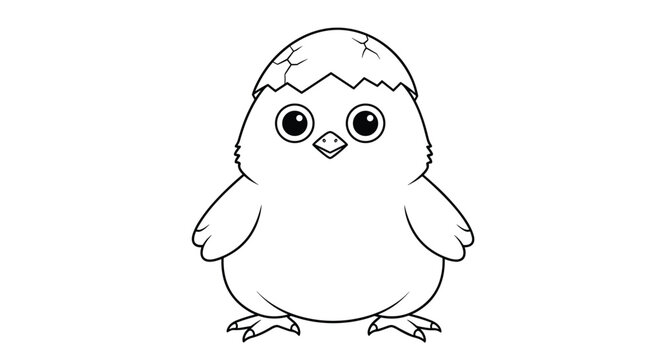 Cute baby chick with large eyes wearing a cracked eggshell as a hat, drawn in a simple black and white outline for coloring.