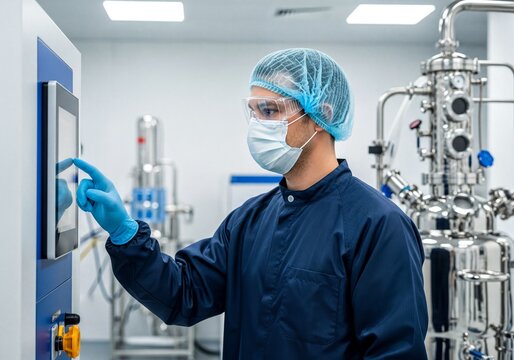 Male scientist operating touch screen control panel in sterile pharmaceutical production facility cleanroom