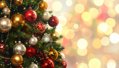 Fototapeta premium Christmas tree decorated with shiny red, gold, and silver baubles, creating festive and joyful holiday atmosphere with warm glowing lights in background