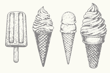 dessert concept Retro vintage style doodle ice cream set illustration. Hand drawn wafer cone, gelato, chocolate glazed, sundae, and ice cream served in a glass bowl engraving style. Eps 10