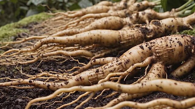 Roots of Longevity: Cinematic Row of Premium Panax Ginseng
