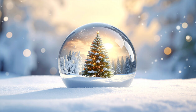 Christmas tree snow globe winter holiday decoration festive snow pine tree sunset bokeh celebration - Powered by Adobe