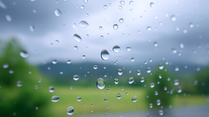 Rain droplets window glass blurred landscape green field overcast sky soft focus countryside view spring rain fresh weather natural light with calm mood outside