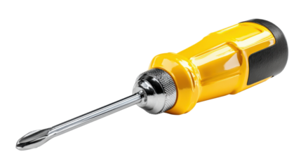 Phillips head screwdriver with yellow and black handle, a common tool for repair and construction, isolated on transparent background