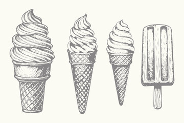 ice cream set vector illustration for creative design. Hand drawn collection illustrations with candies, scoop for it and berries for stuffing. Sketches for menu design.