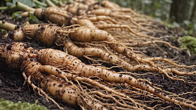 Earth's Vitality Freshly Harvested Ginseng Roots on Mossy Soil
