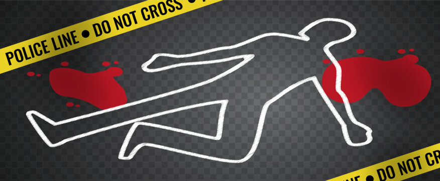 Crime scene investigation., Chalk outline of a human body with bloodstains on a transparent background, bordered by yellow police tape.