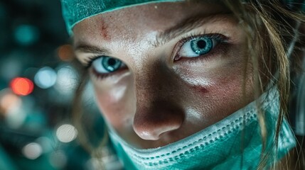 Resilient surgeon's intense blue eyes convey dedication and courage through surgical mask, showing signs of long hours and intense effort.