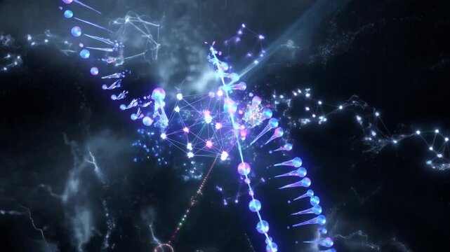 Futuristic Lab with Glowing DNA and Neural Networks &ndash; Sci-Fi Science Concept in Dark Room