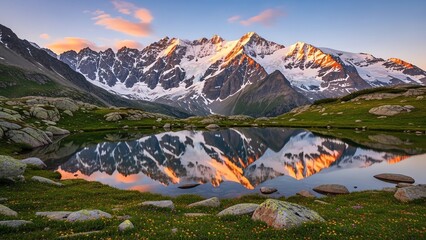 Stunning sunrise alpenglow on snow-capped mountains reflected in a calm alpine lake with a wildflower meadow.