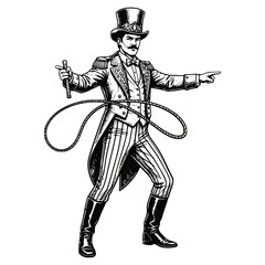 Obraz premium Black and white vector engraving of a dramatic circus ringmaster with a top hat and whip, pointing aggressively. Ideal for carnival, vintage show, performance, and strong leadership themes.