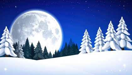 Snowy night landscape with full moon