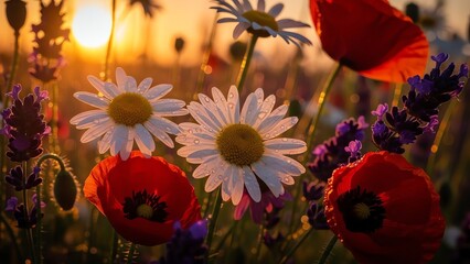 Vibrant Field of Daisies, Poppies, and Lavender at Sunset with Dew Drops