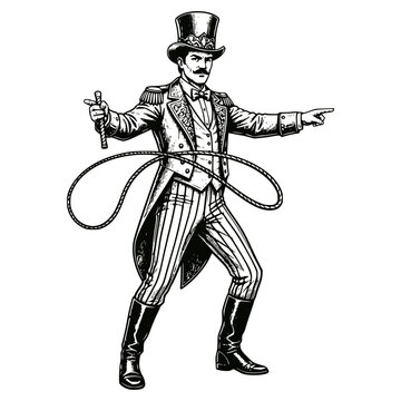 Black and white vector engraving of a dramatic circus ringmaster with a top hat and whip, pointing aggressively. Ideal for carnival, vintage show, performance, and strong leadership themes.