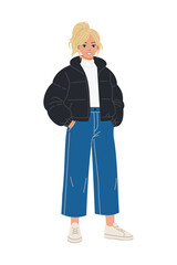 Obraz premium Winter fashion woman standing on white background wearing warm coat hat sweater leggings boots and bag modern cold season outfit character illustration for design use.