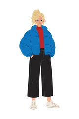 Winter fashion woman standing on white background wearing warm coat hat sweater leggings boots and bag modern cold season outfit character illustration for design use.