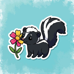 Adorable cartoon skunk enjoying a flower