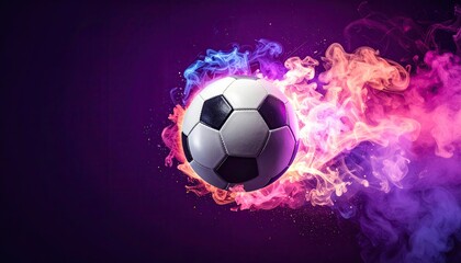 Naklejka premium A soccer ball surrounded by colorful smoke against a deep purple background